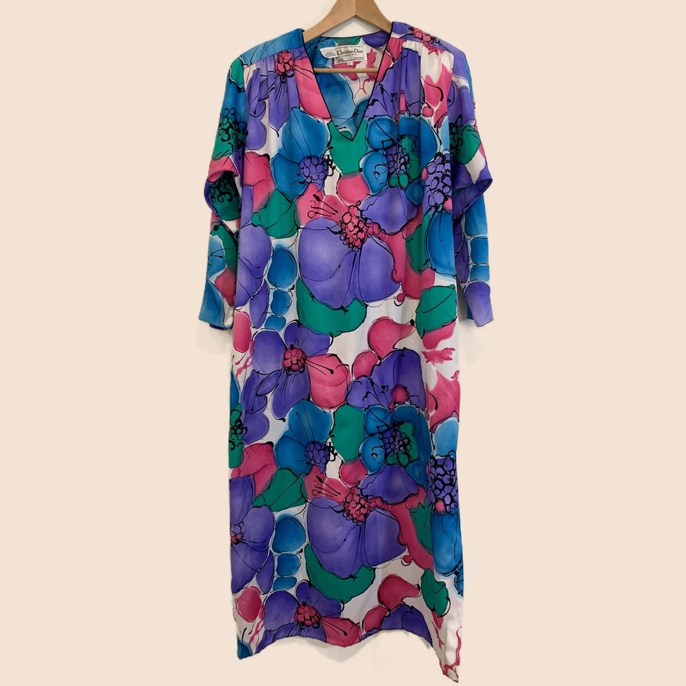 Christian Dior Lounge Wear Size L Vintage Kaftan Mumu House Dress Floral Satin